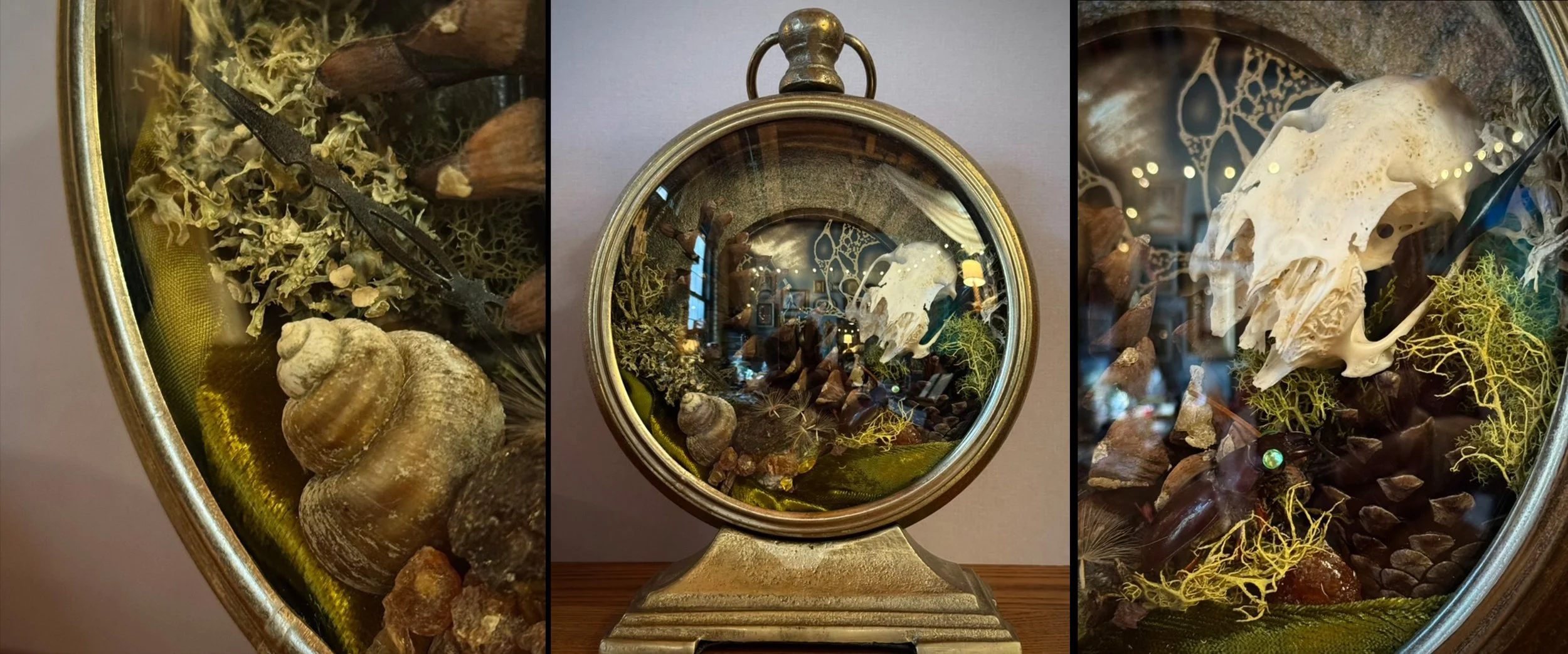 details of clock sculpture showing snail shell and rabbit skull with clock hands