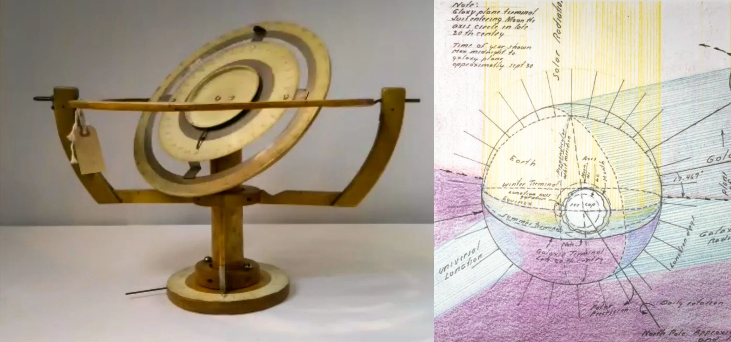 disk shaped astronomical device and scientific illustrations in colored pencil
