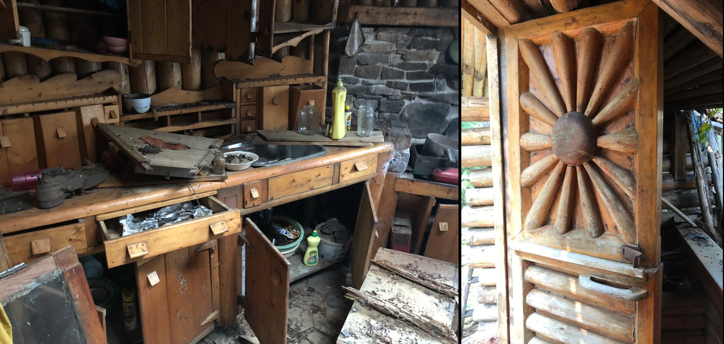 Wendell's original cabin being reclaimed by nature, shows wooden cabinets and drawers and a carved wood door with a sun burst design