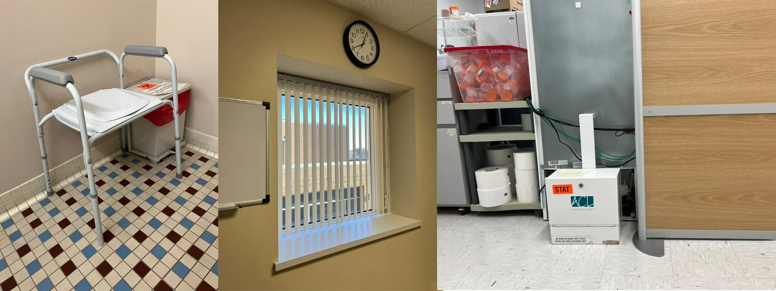 A collage of images: Left is a tiled floor and medical chair. Center is a window with vertical blinds and a clock. Right is the messy floor of a medical lab with empty urine containers and rolls of printer paper.