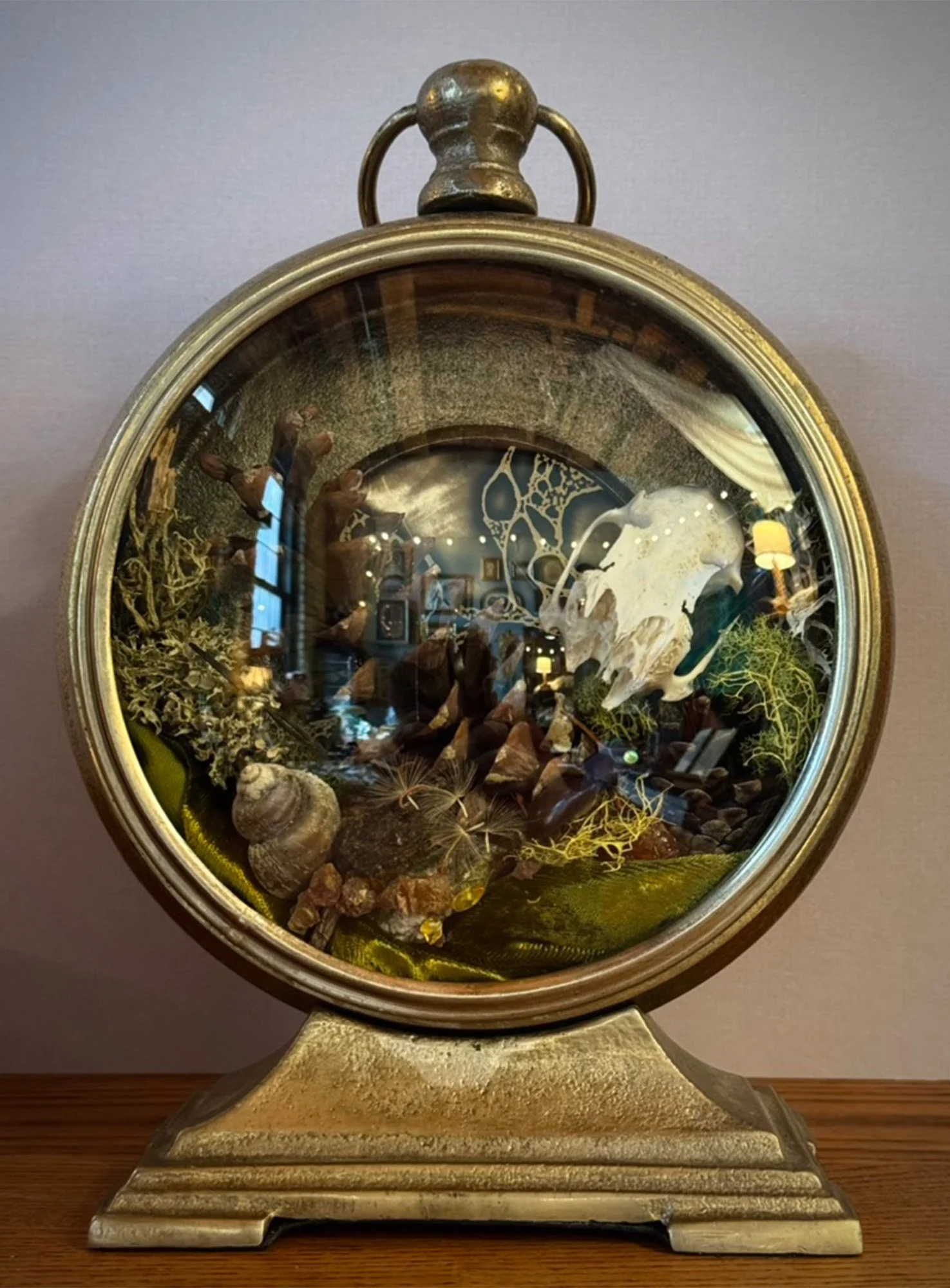 round vintage clock filled with natural items: rabbit skull, pinecones, snail shell, lichen