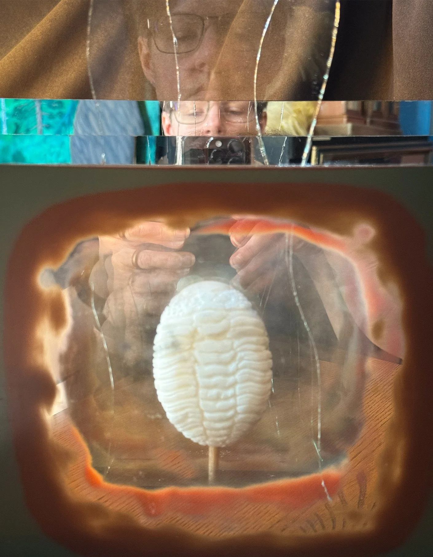 mirrors and trilobite soap carving with reflections of Ven (artist)