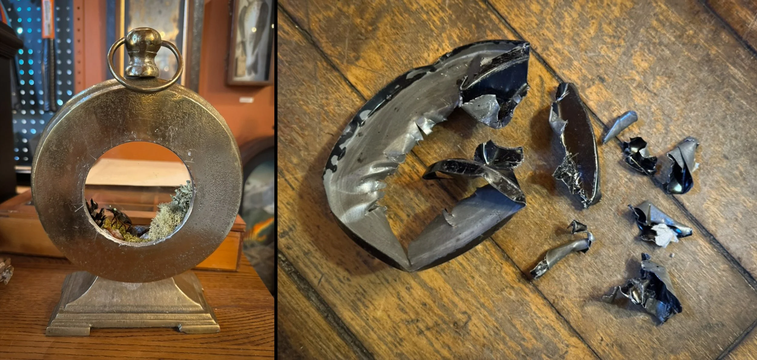 back of empty metal clock, rough scraps of tin