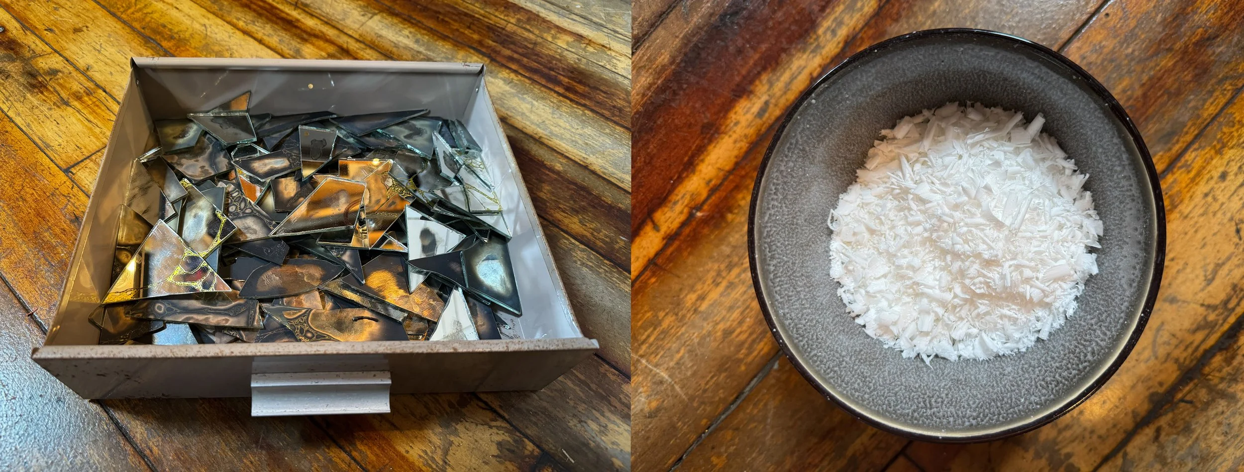 a metal drawer full of mirror shards, a bowl of soap shavings