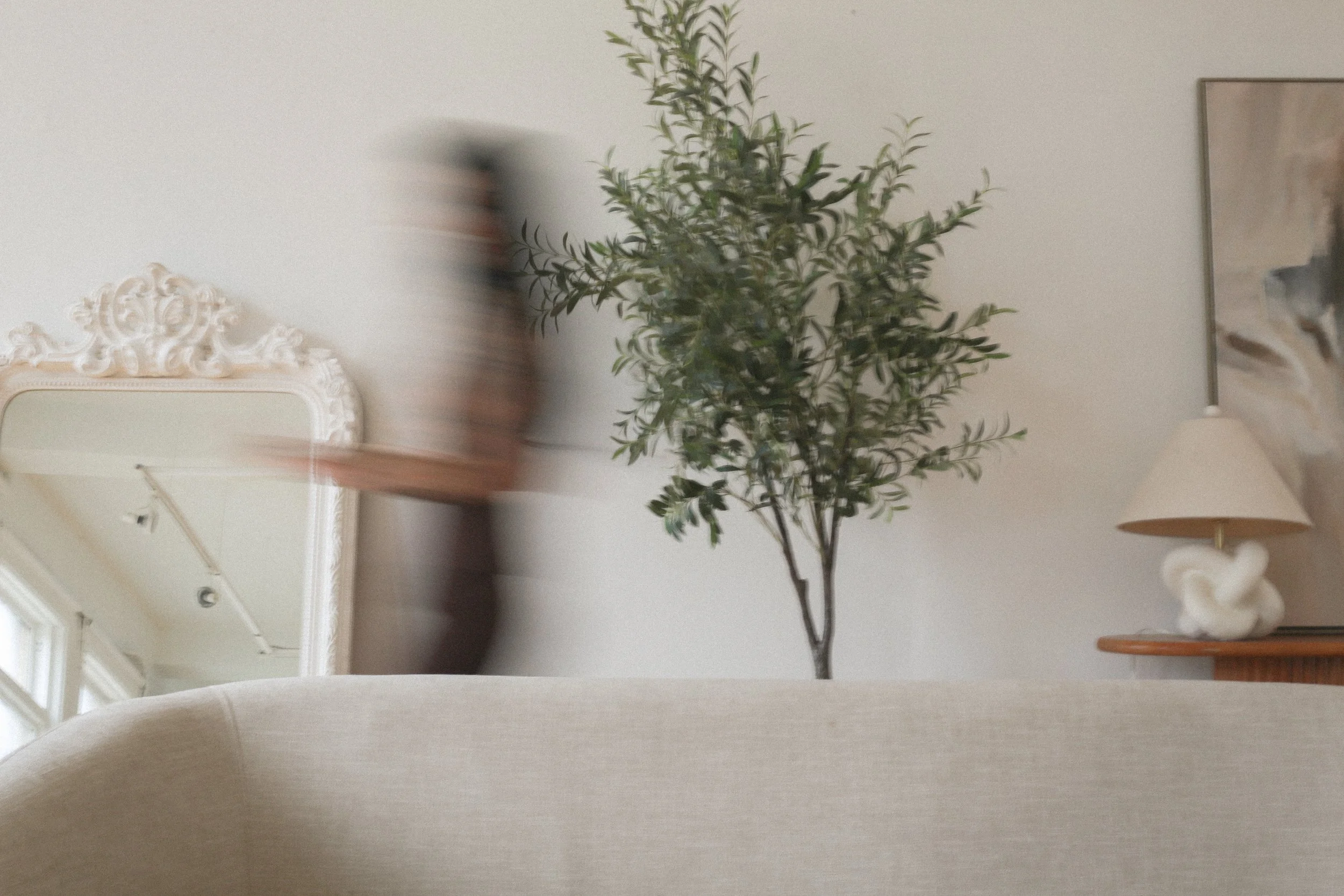 A blurred person walking past a potted plant and a mirror in a well-lit room.