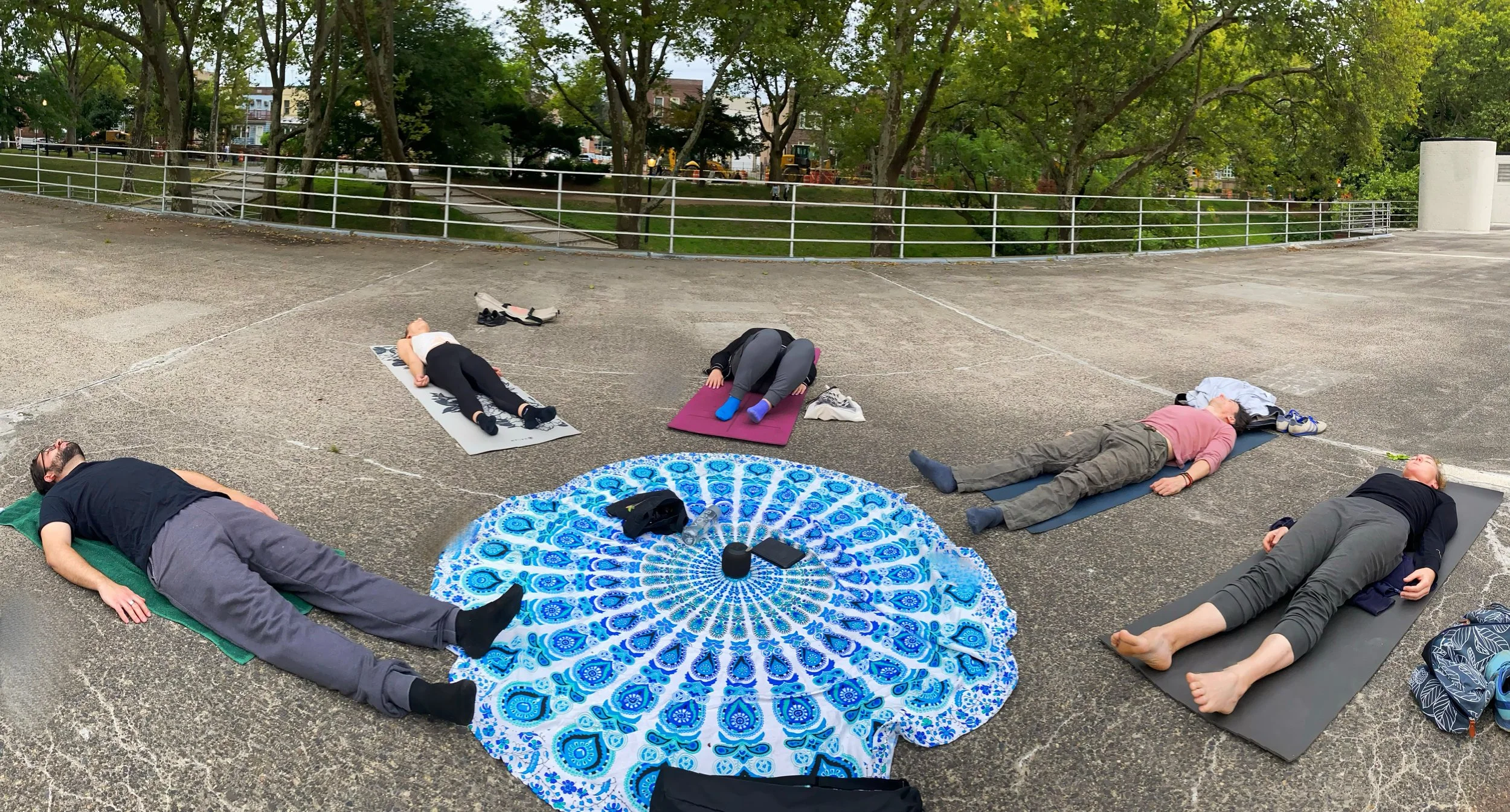 People lying on the ground in yoga poses or resting, each on their own yoga mat, outdoors in a park setting with trees and a fence in the background.