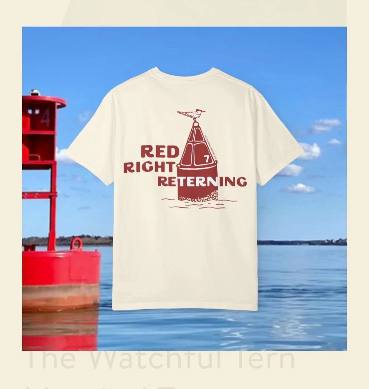 NEW TEE NEW TEE! The watchful royal tern ensures you&rsquo;re following proper safe-boating practices from his throne. Check out all 4 colorways and shop at the link in bio.