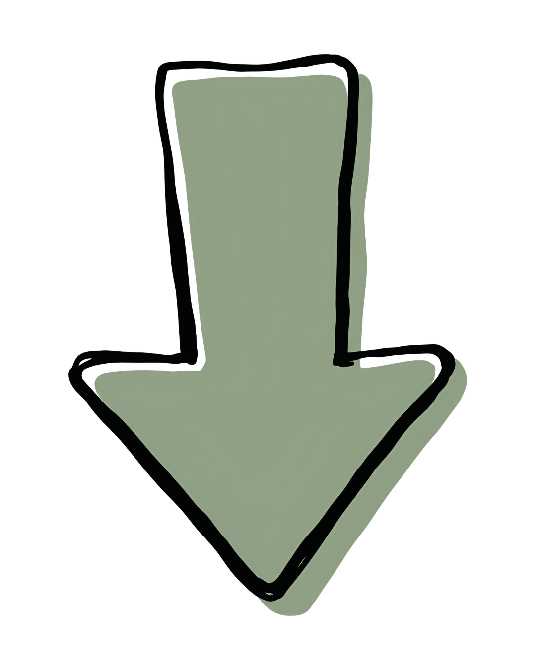 A drawing of a large, light green arrow pointing downward with a black outline.