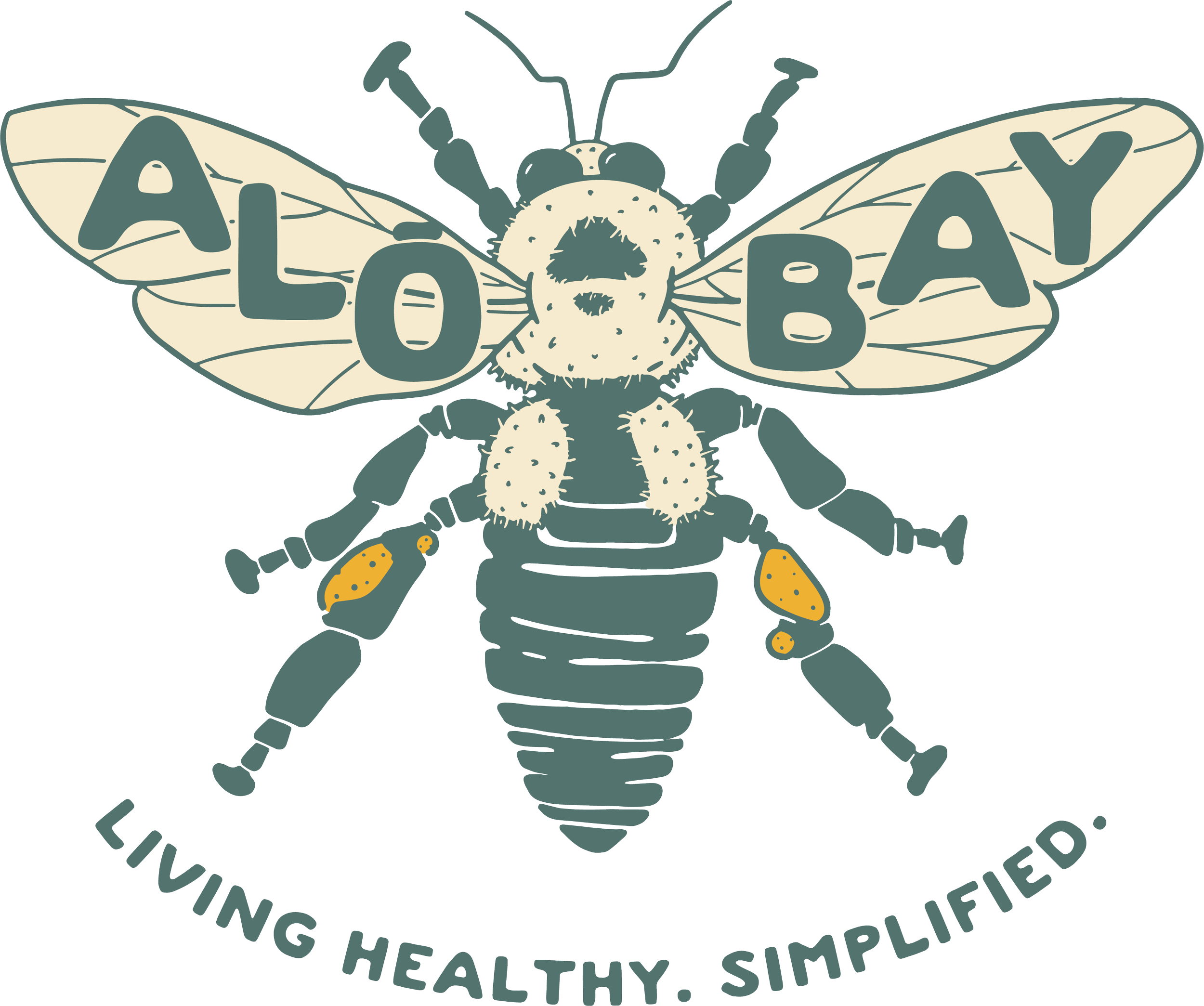 Logo of a bee with ALO BAY written across the wings. Underneath the illustration is the saying "Living Healthy, Simplified."