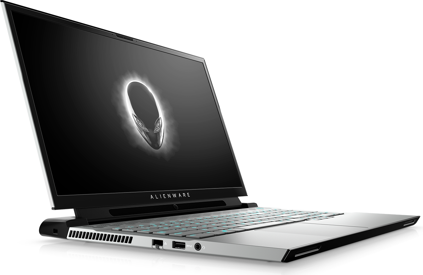 Alienware gaming laptop with illuminated keyboard and logo on screen.