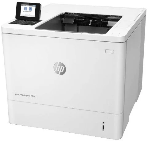 HP LaserJet Enterprise M606 series printer with LCD display and paper input tray