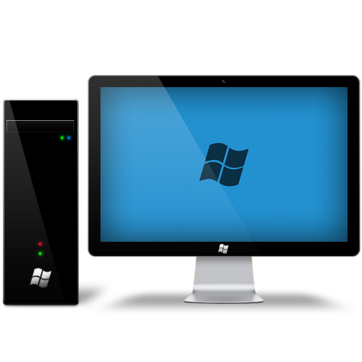 Desktop computer with monitor displaying Windows logo.