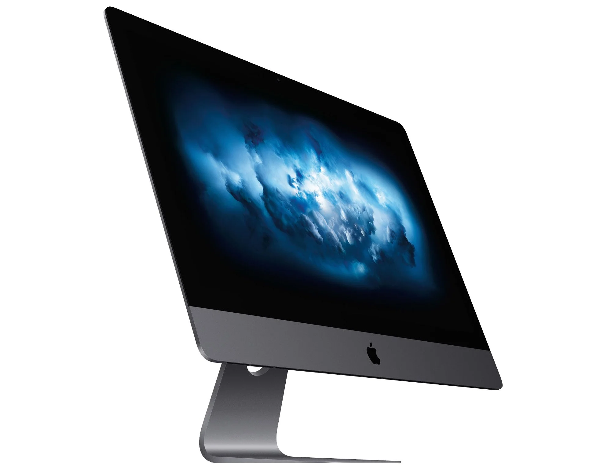 Side view of an iMac computer with a space gray finish displaying a blue nebulous cloud image on its screen, set against a white background.