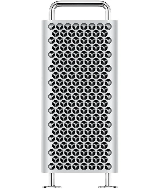 Front view of a Mac Pro tower with a perforated design.