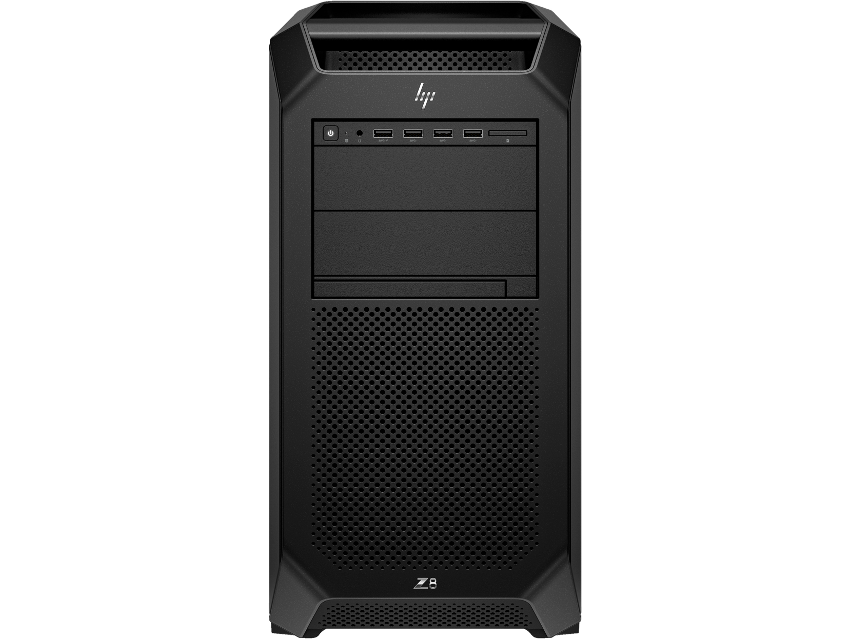 Front view of an HP Z8 workstation computer tower with power button and USB ports.