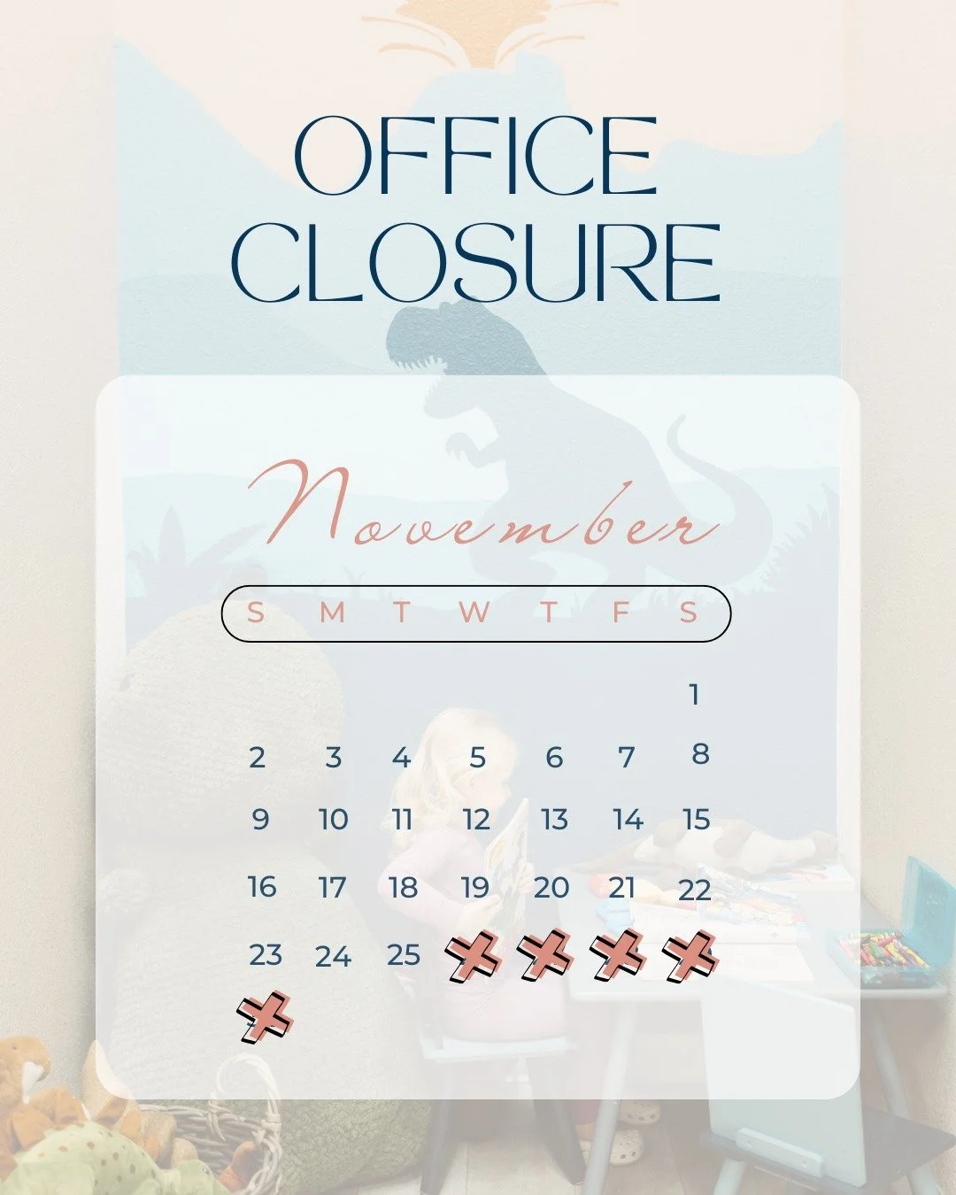 Mark your calendars! 🦃💜

Our office will be closed for a few days during the Thanksgiving holiday, so your adjustment schedule may look a little different this week and next&mdash;especially if you normally come in on a Wednesday or Thursday.

Be s