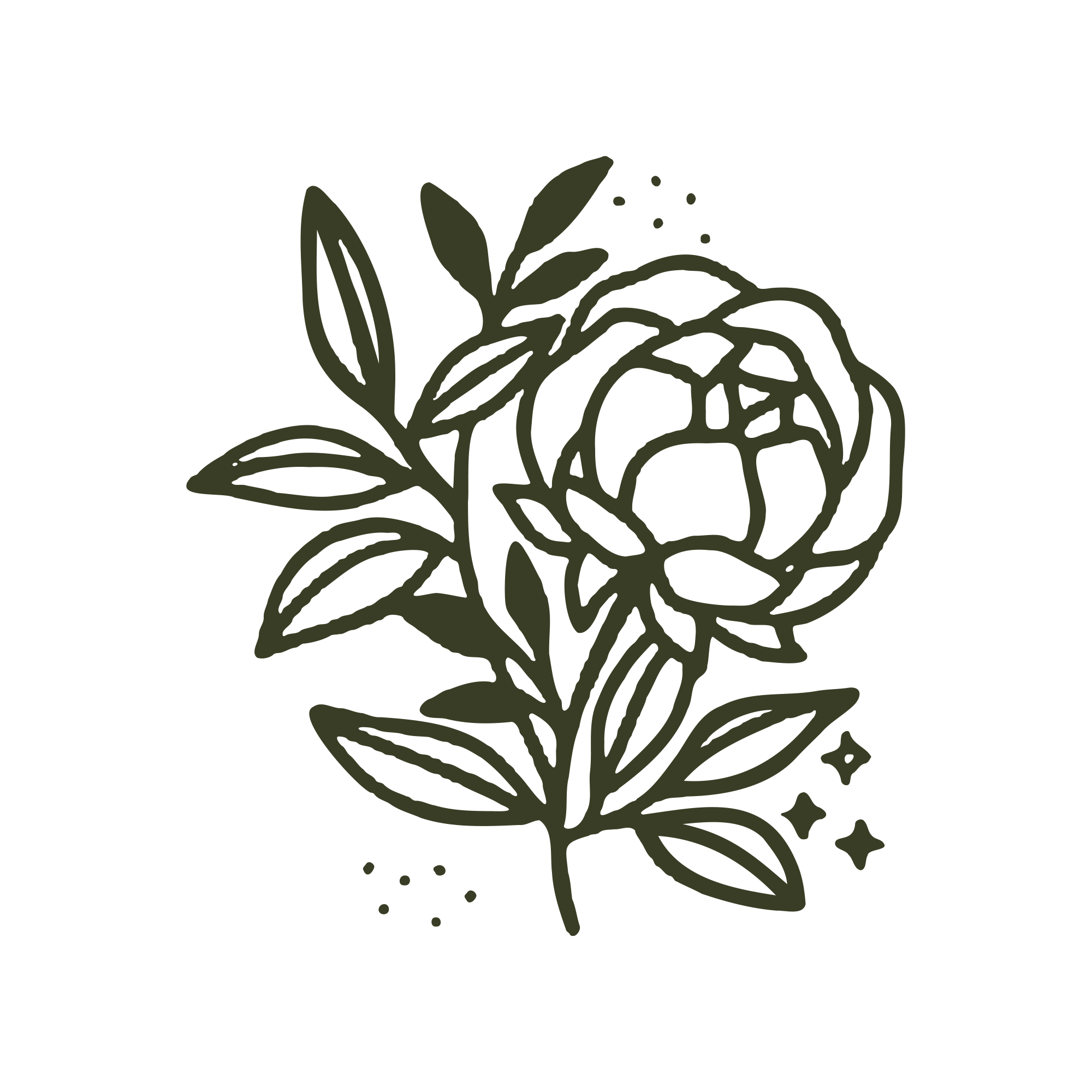 Line art illustration of a flower with leaves, surrounded by small dots and sparkles on a black background.