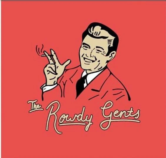 Vintage illustrated man in a red suit holding a lit cigar, with the text 'The Rowdy Gents' below.