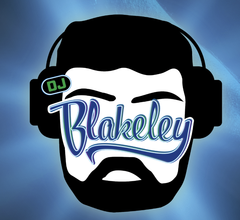 Illustration of a person's face with headphones, beard, and eyebrows, with the name 'Blakely' written across the face and a small 'DJ' label on the headphones.