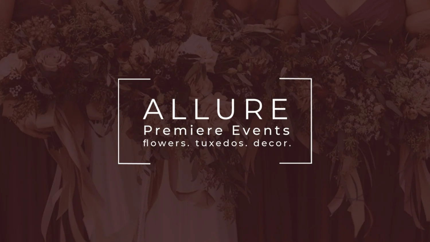 Text overlay advertising Allure Premiere Events, specializing in flowers, tuxedos, and decor, over a background of a floral arrangement.