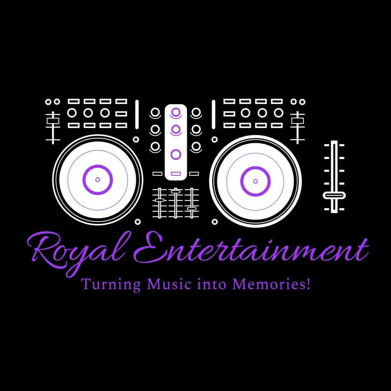 Digital graphic of DJ turntables and mixer in purple and white on black background, with text 'Royal Entertainment' and 'Turning Music into Memories!'