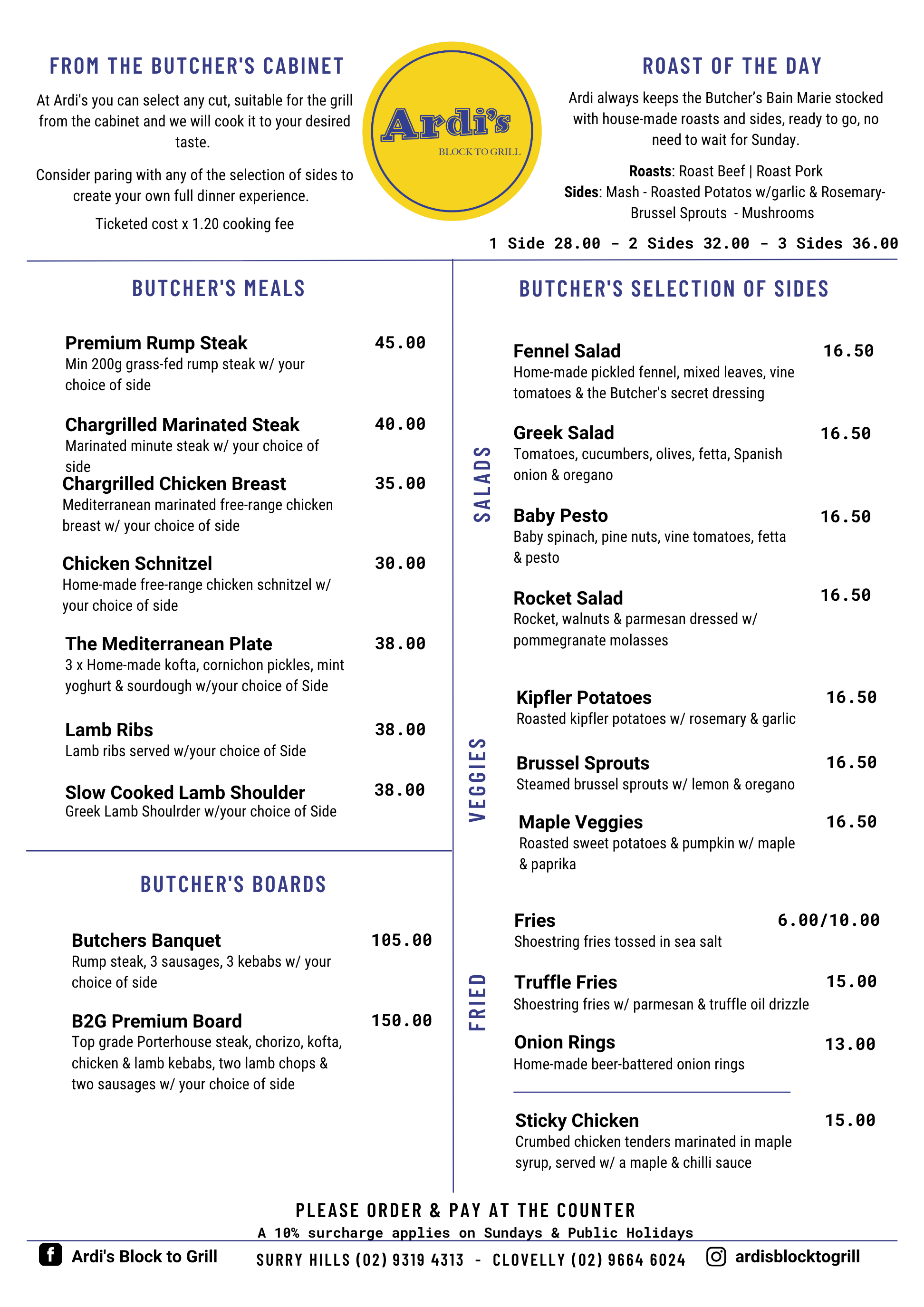 Restaurant menu from Ardi's Block to Grill featuring sections for butchers' cabinet, roast of the day, butcher's meals, and sides. Highlights include various steaks, chicken, lamb, board options, salads, fried items like fries and truffle fries, onio