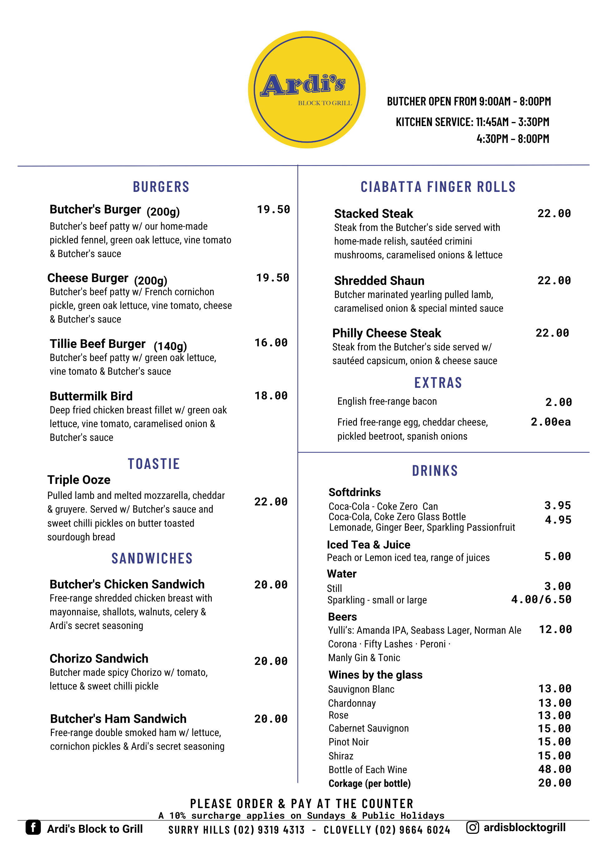 Restaurant menu with the logo 'Ardi's Block to Grill' at the top, listing hours and various food categories including burgers, ciabatta finger rolls, toasties, sandwiches, drinks, and wines. The menu features items such as Butcher's Burger, Cheese Bu