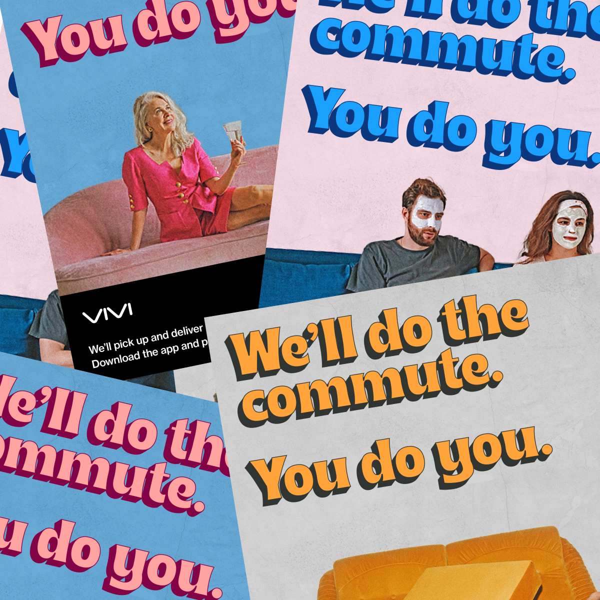Collage of promotional posters for a service that offers to do the commute for you. The posters feature diverse individuals, including an elderly woman on a pink sofa with a glass of wine, and two young adults wearing face masks, sitting on a blue co