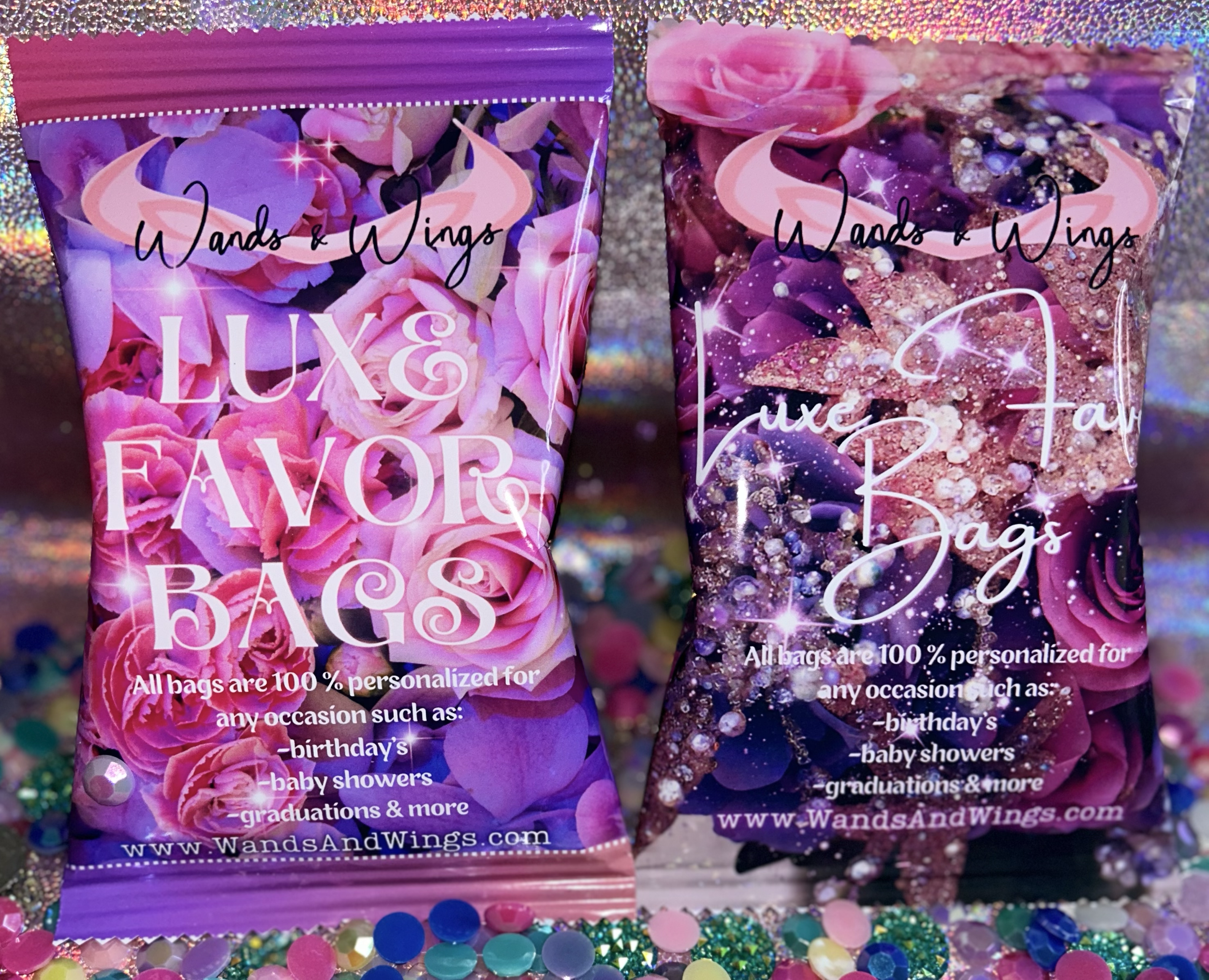 Two colorful bags labeled 'Wands & Wings Lux & Favor Bags' with floral and sparkling designs, personalized for occasions like birthdays and baby showers. Website: www.WandsAndWings.com.