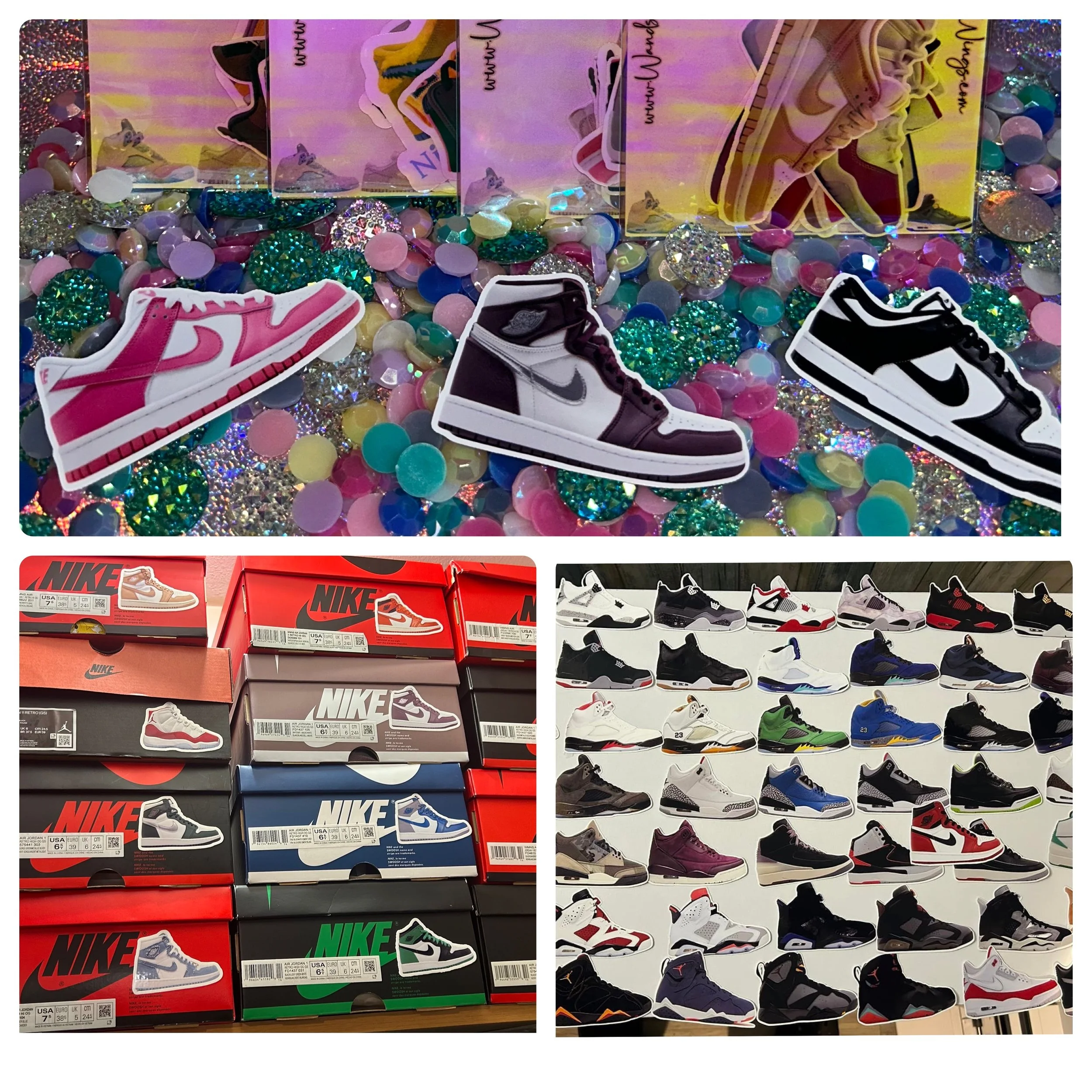A collage of sneaker-themed stickers, including various Nike sneaker designs and shoebox illustrations, displayed on colorful backgrounds and surfaces.