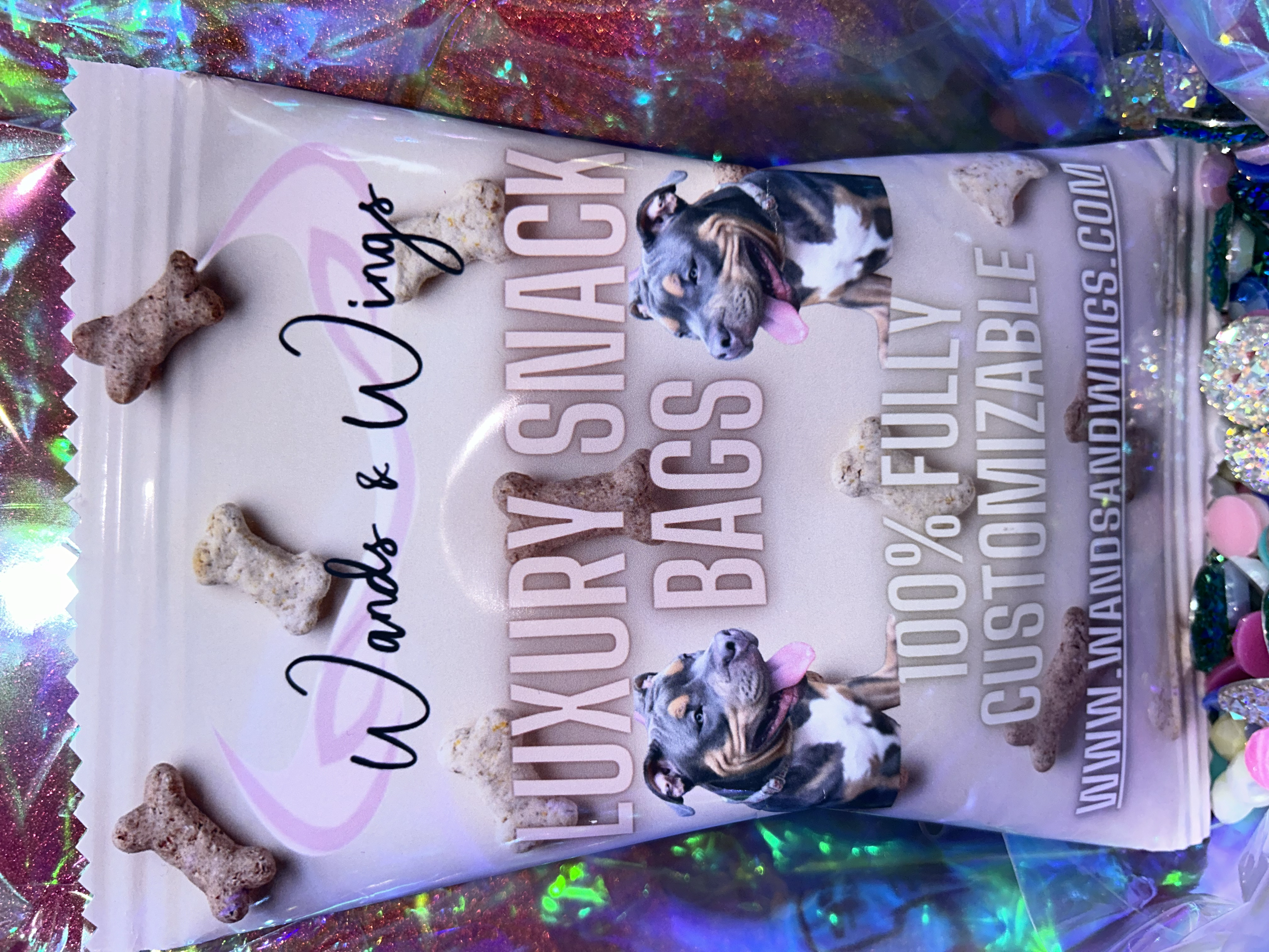 Customizable luxury snack bags packaging featuring a dog image and bone-shaped treats on a colorful background.