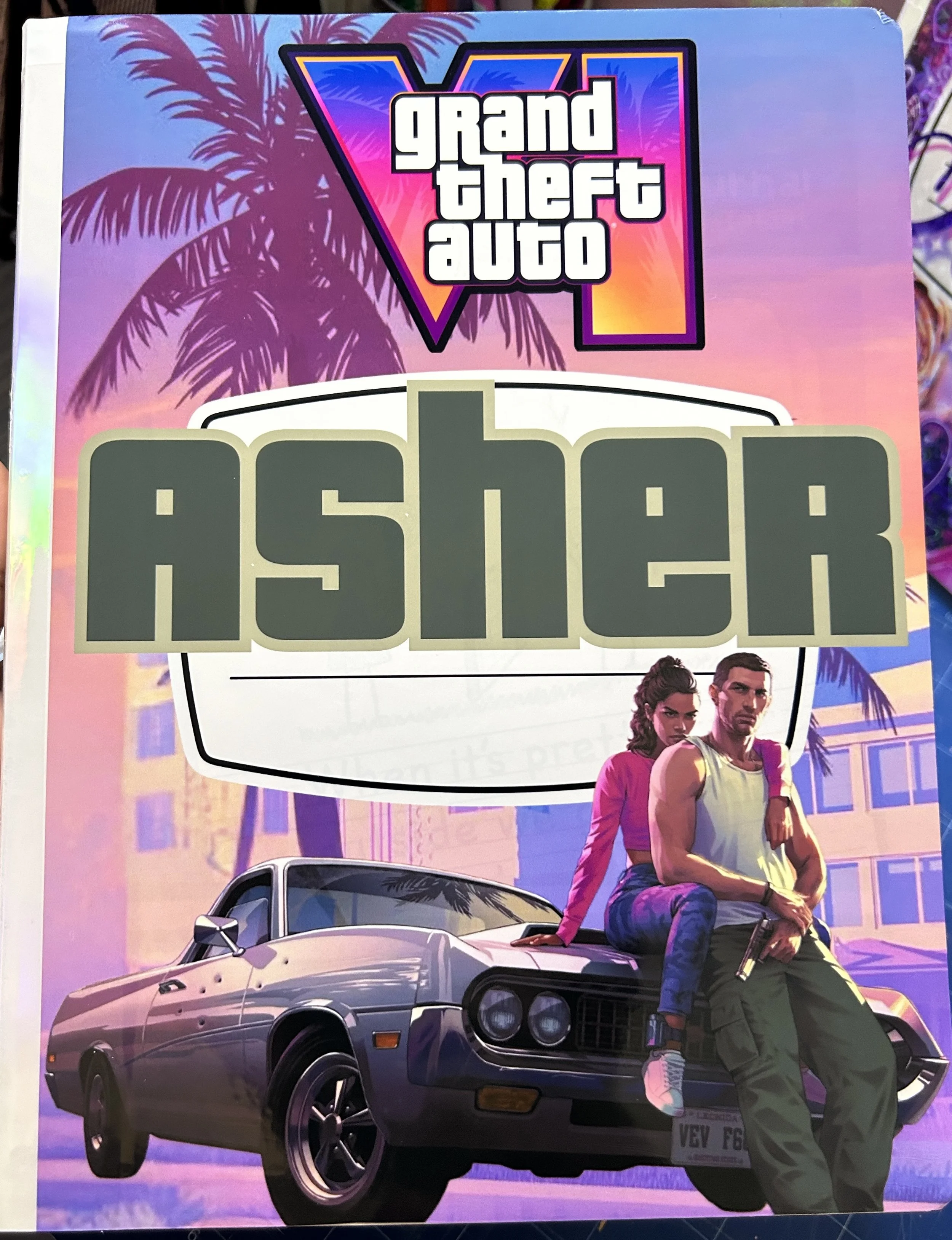 Illustration of two characters leaning against a vintage car with a "Grand Theft Auto VI" logo above. The background features stylized palm trees and a building facade. The name "Asher" is prominently displayed in bold letters.