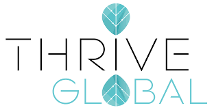 Thrive Global logo with stylized leaf symbols above and between the words