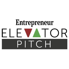 Logo for Entrepreneur Elevator Pitch with the words 'ENTREPRENEUR ELEVATOR PITCH' and colored triangles forming the letter 'V' in the word 'ELEVATOR'.