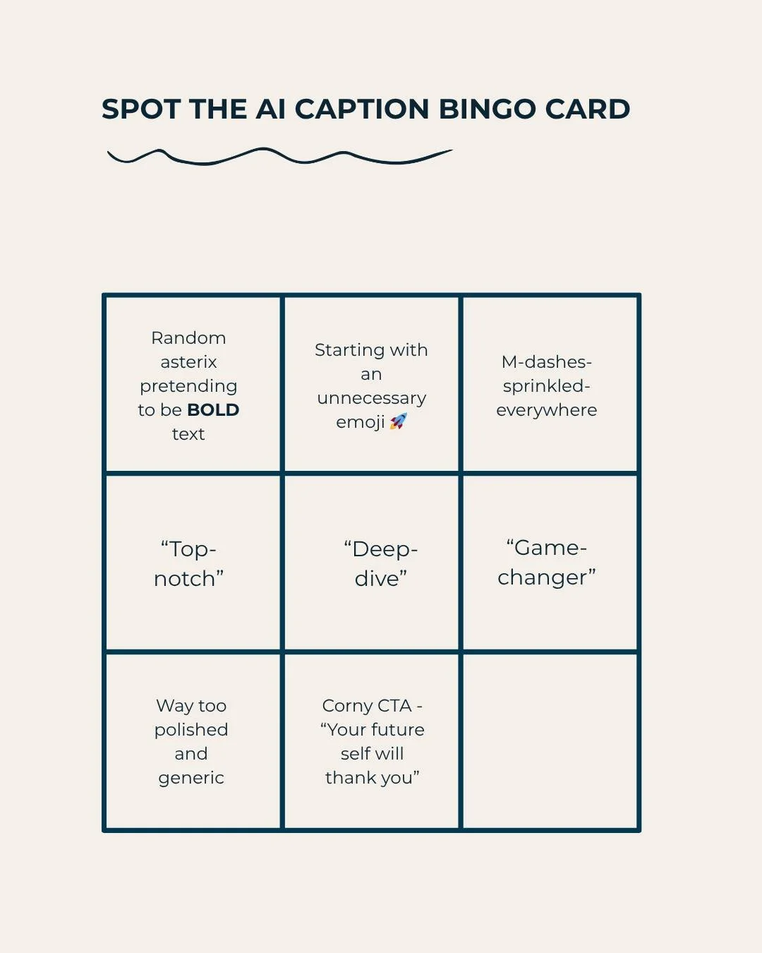 PSA for the scroll weary!
We see you, ChatGPT copy pasters 👀

When your social media caption still has random asterisks sitting there (pretending to be bold text), starts with an unnecessary emoji (bonus points if it&rsquo;s 🚀, 🌟, or 💡), or uses 
