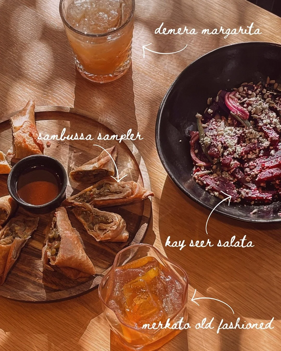 A couple of our favorite appetizers to start off a delicious meal ✨⁠
⁠
Sambussa Sampler // (5 pieces) A combination of all five of our Sambussa options⁠
⁠
Kay Seer Salata // Beets with onion, sliced and seeded jalape&ntilde;o, ayib begomen, and sunfl