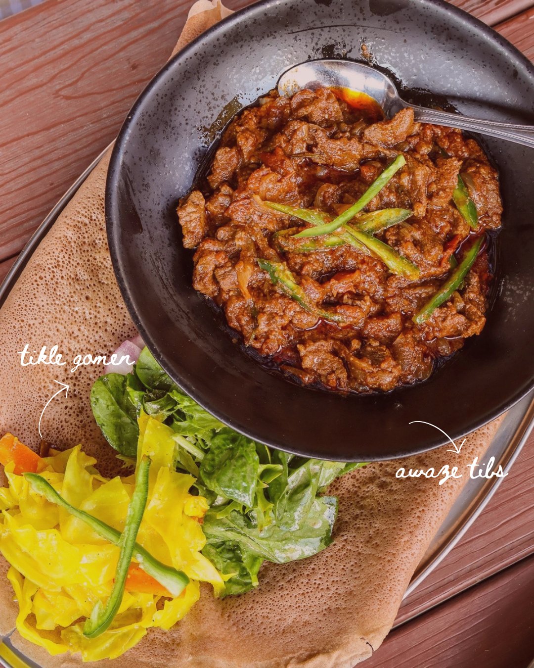 If you like something a little spicy 🌶️⁠
⁠
Awaze Tibs (Spicy) // Lean beef saut&eacute;ed with onions, garlic and jalape&ntilde;o peppers and a spicy awaze⁠
⁠
Tikle Gomen // Chopped cabbage and carrots slow cooked with onions, garlic, ginger and tur