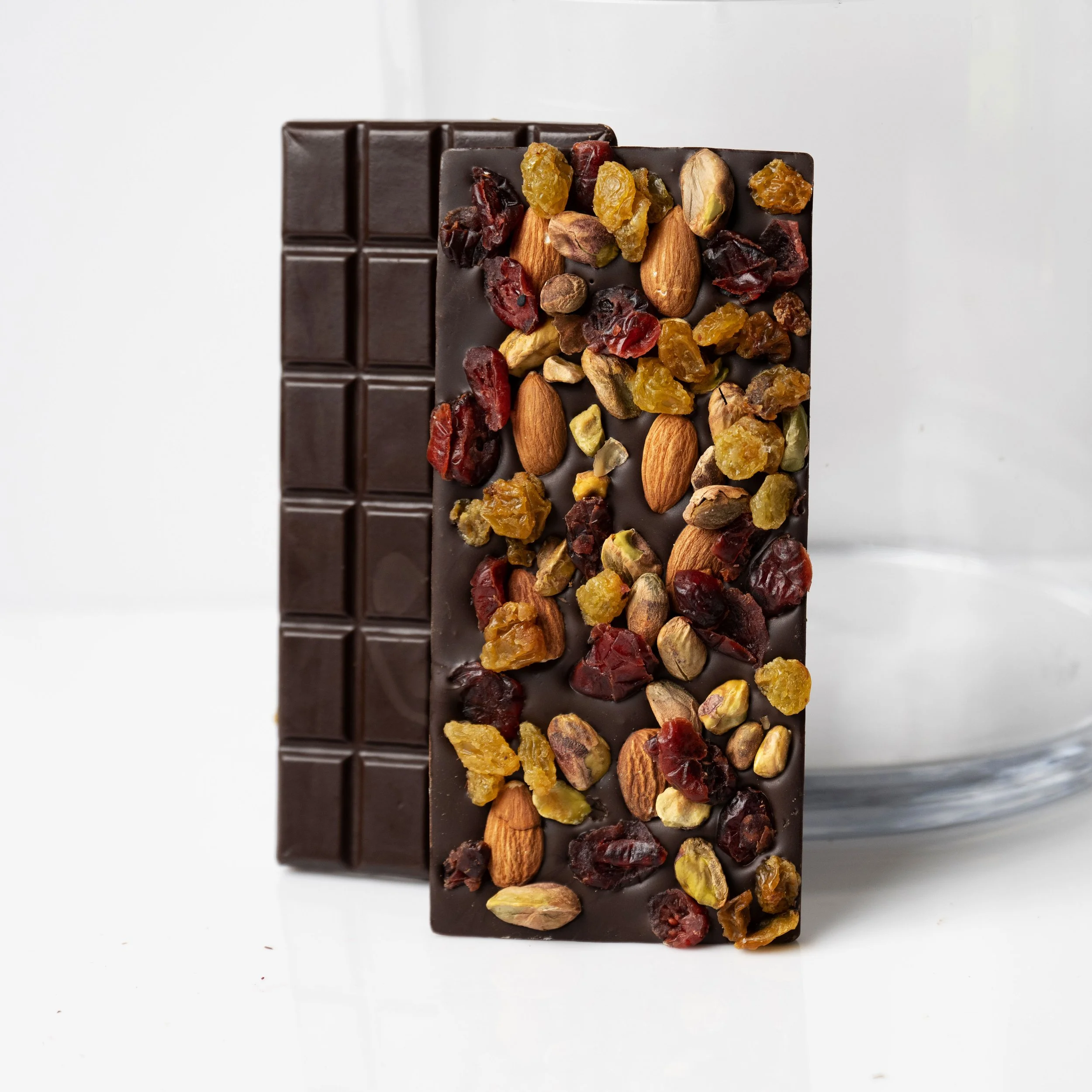 Dark Chocolate Bar with Almonds, Pistachios, Raisins and Cranberries