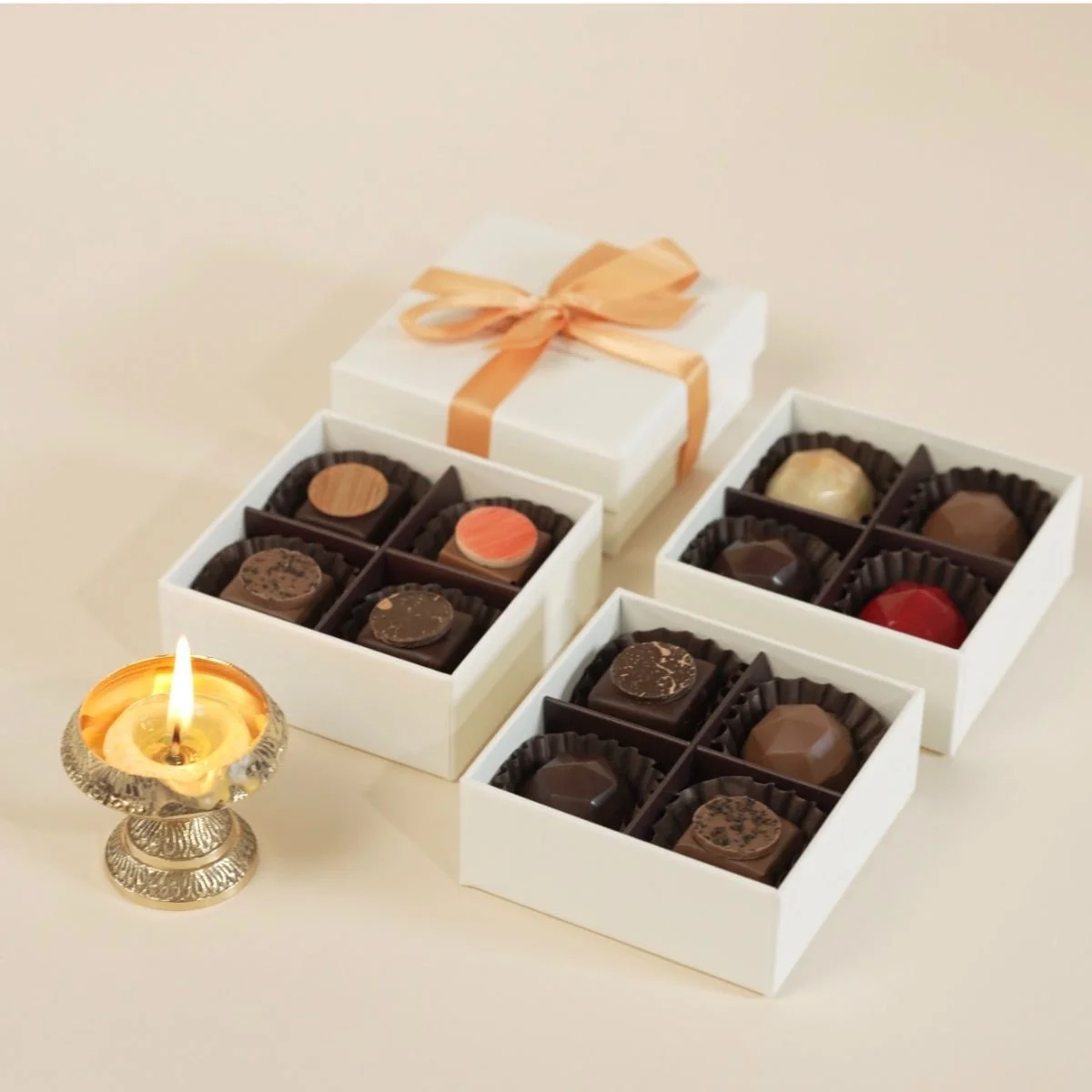 Diwali gift box of 4 chocolates by ANJALICHOCOLAT, Singapore, 8.5 x 8.5 x 4.5cm