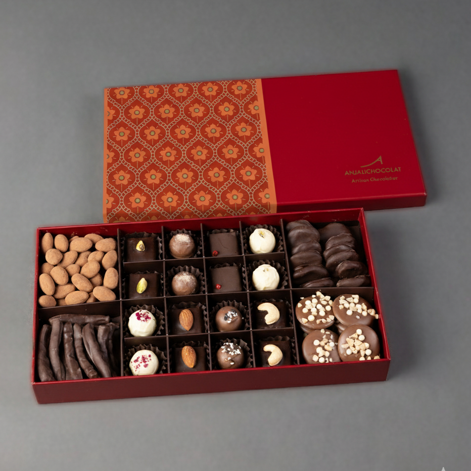 Premium Deepavali Gift Box of assorted artisanal chocolate treats. Sophisticated presentation and gourmet selection - perfect for corporate gifting.