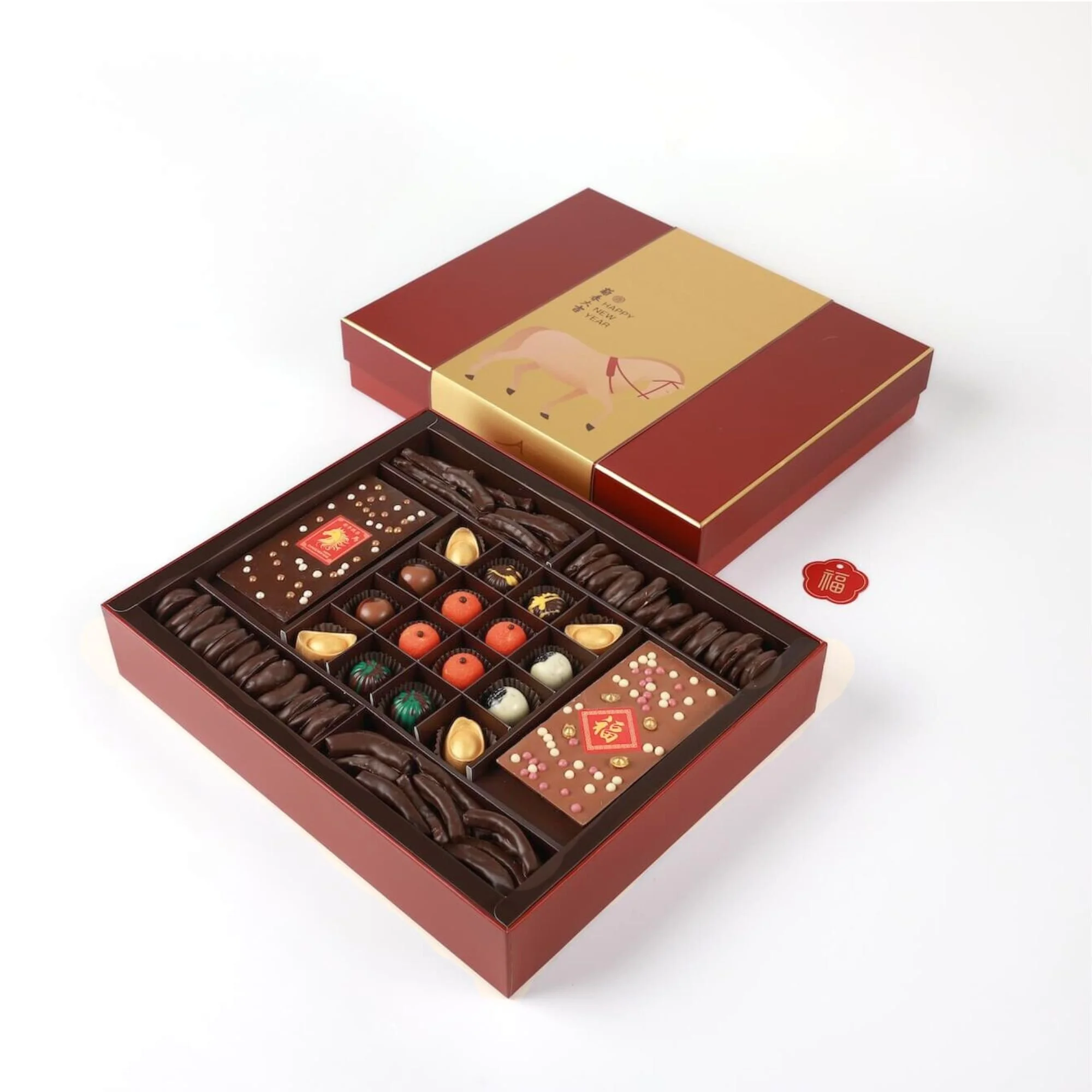 Year of the Horse prosperity chocolate gift box with assorted chocolates in premium festive packaging