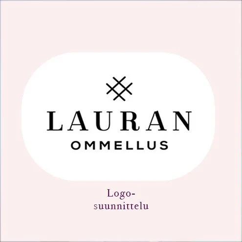 logosuunnittelu-esimerkki Lauran Ommellus -yritykselle. Valkoinen teksti ja kuvio mustalla taustalla, teksti kaarevassa muodossa.