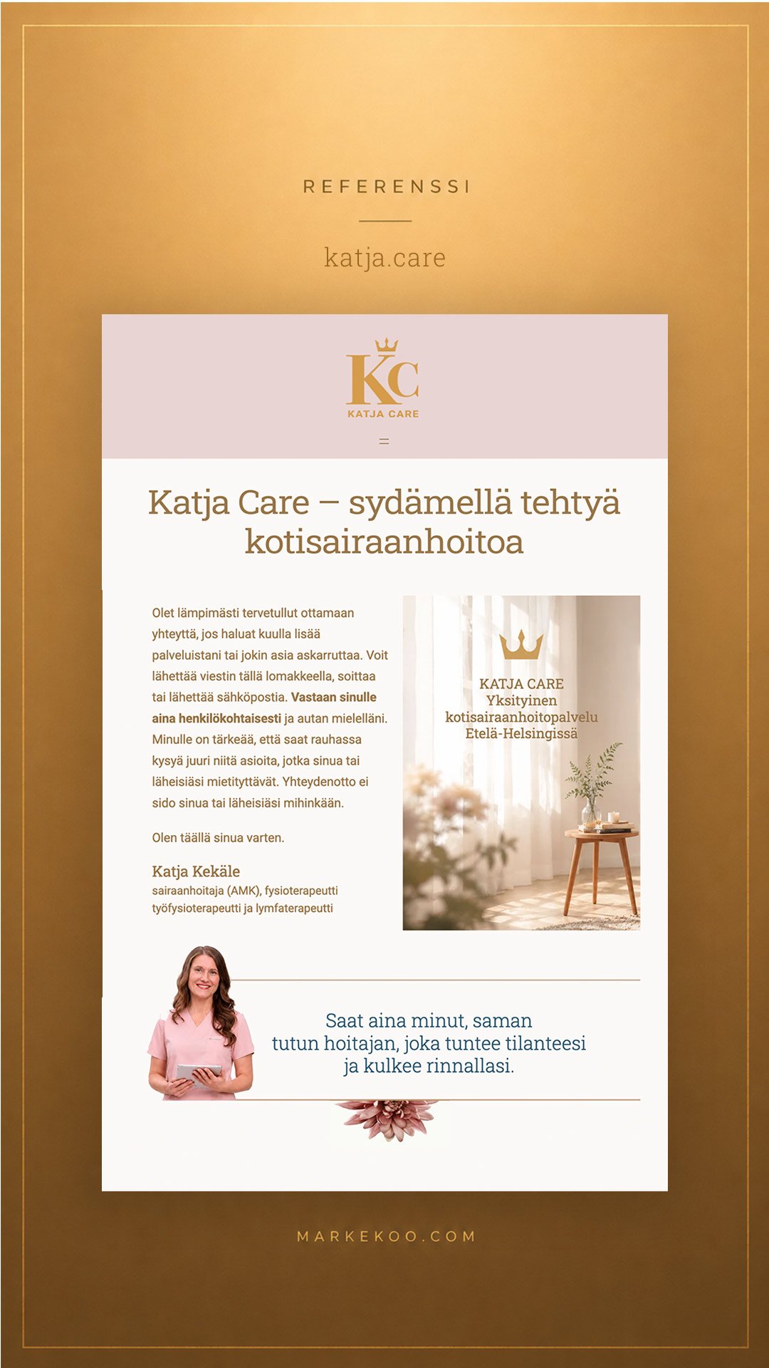 Katja Care yhteystietosivu. Suunnittelija  Marke Koo
