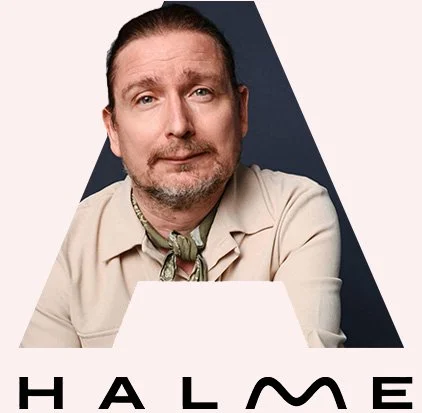 kirjailija Halme logo ja anfangi A, jonka suunnitteli Marke Koo