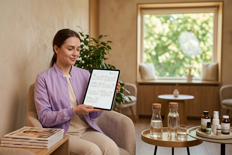 Woman reviewing health report on tablet