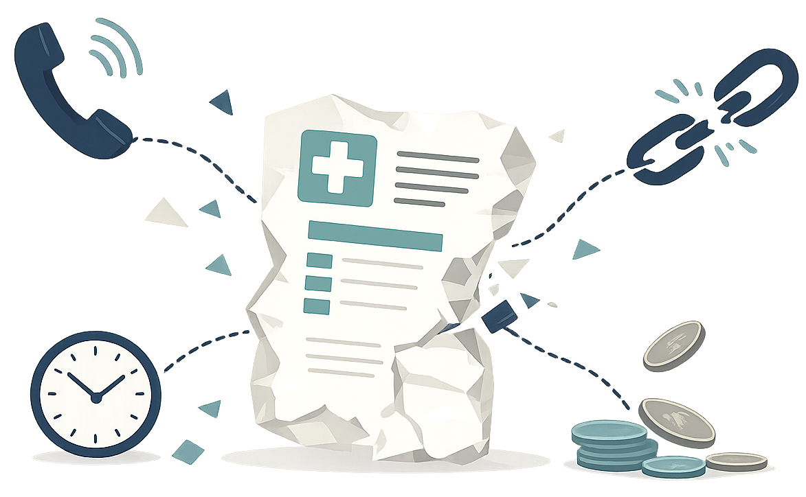 Illustration showing the hidden costs of poor lab reporting - missed calls, lost time, broken patient retention, and revenue leakage