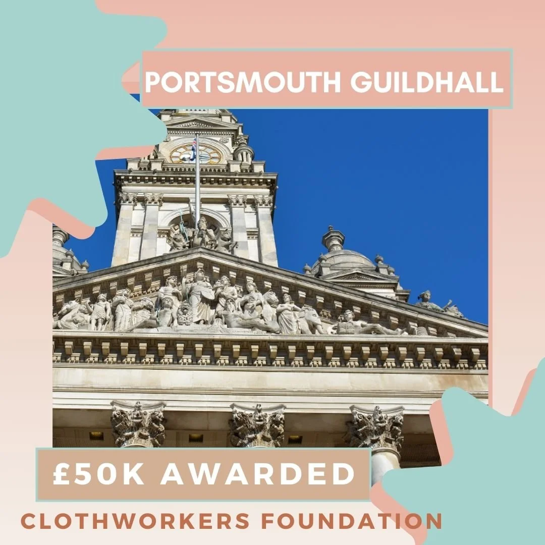Exterior shot of the clocktower at the front of The Guildhall Trust building. surrounded by blue and pink graphics and the text: Portsmouth Guildhall, £50k awarded, Clothworkers Foundation.