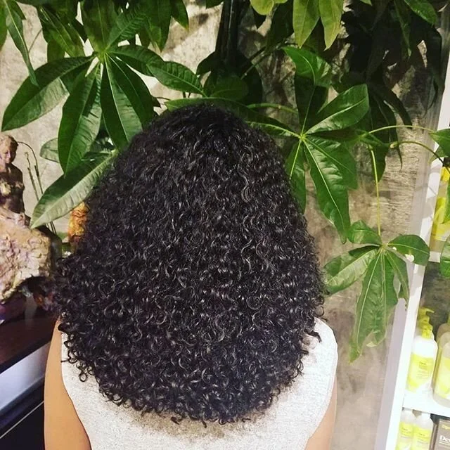 Back view of a woman with tightly curled, black hair standing in front of green leafy plants.