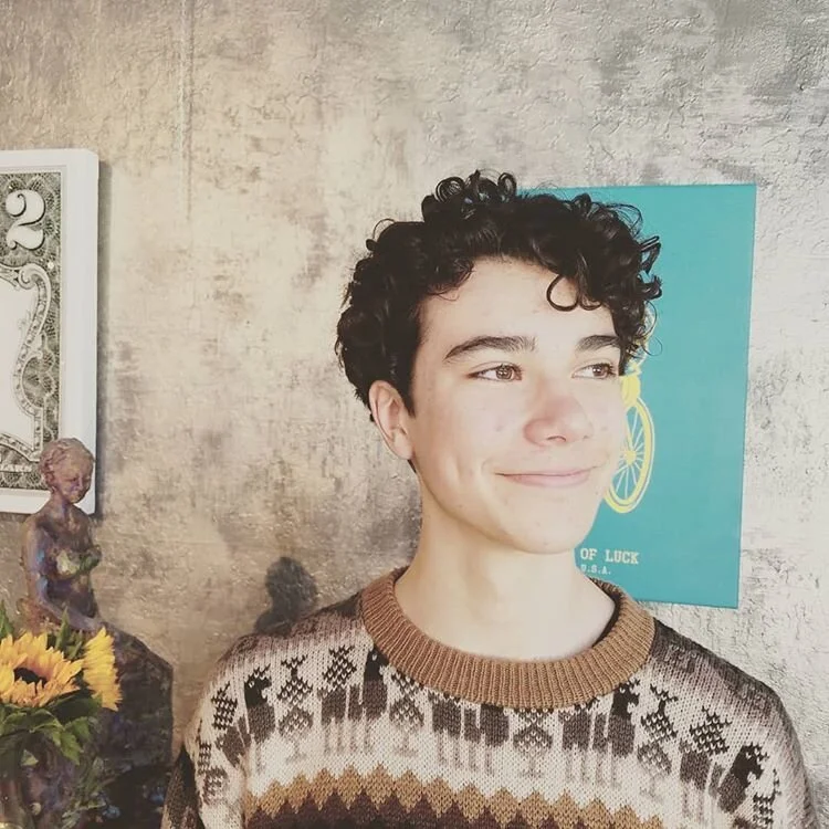 A young man with curly dark hair smiling, wearing a patterned sweater, standing in front of a textured wall with a blue poster and a small statue.