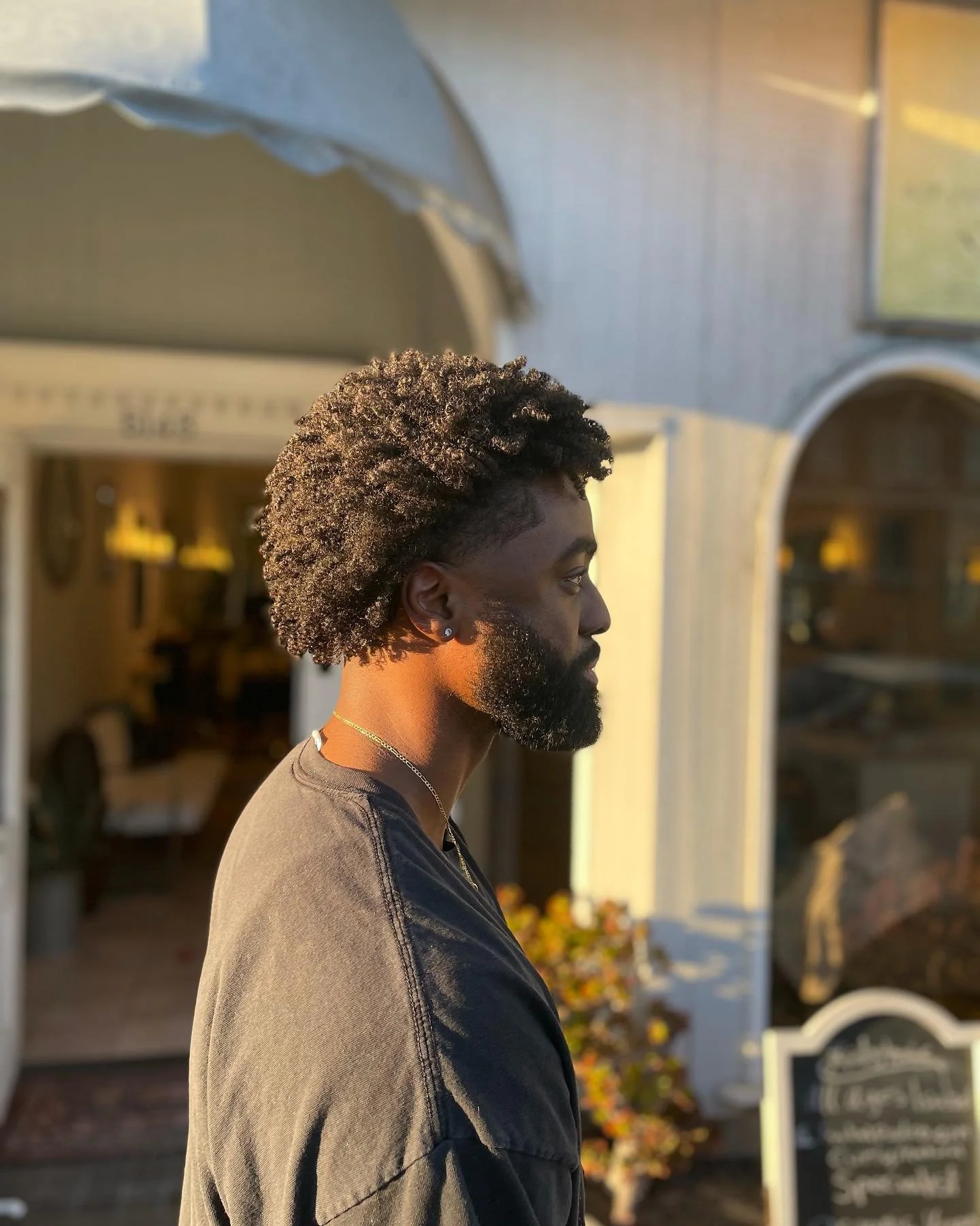 Profile of a young man with a textured afro hairstyle and beard, wearing a black shirt and silver jewelry, standing outside with sunlight illuminating his profile.